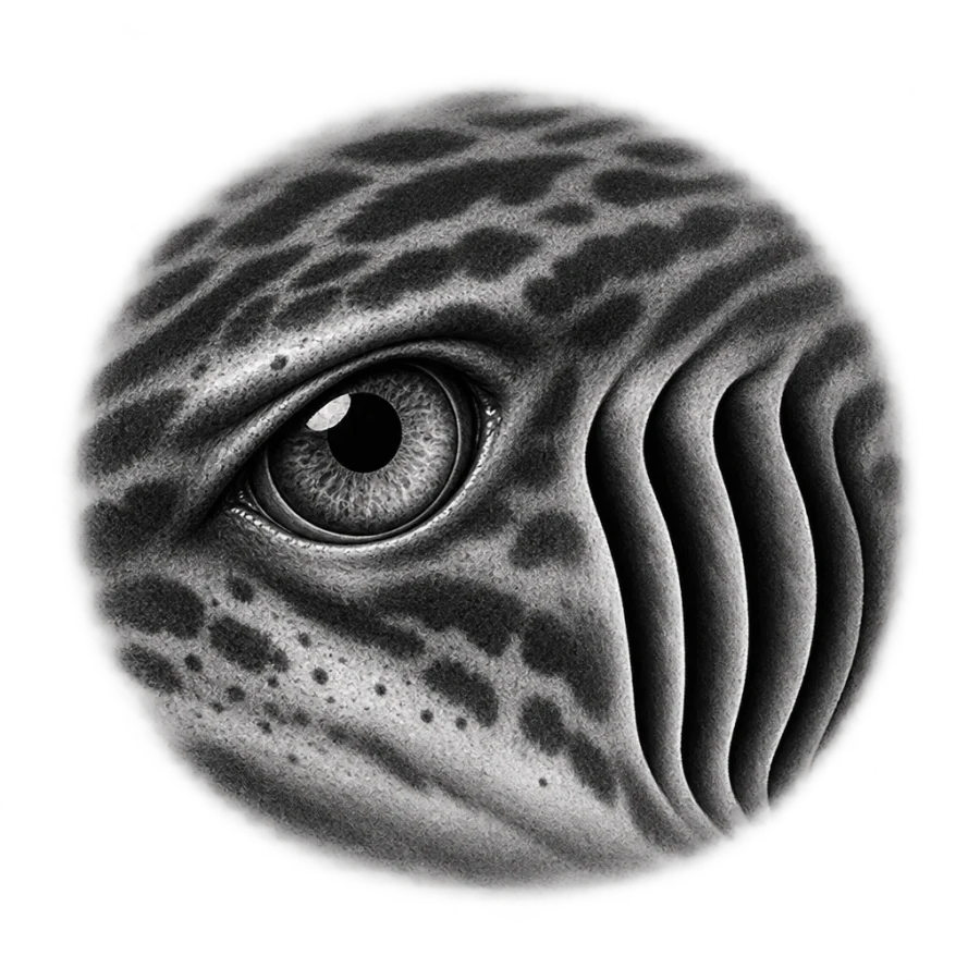 Black and grey realism tattoo design of a shark eye and gills