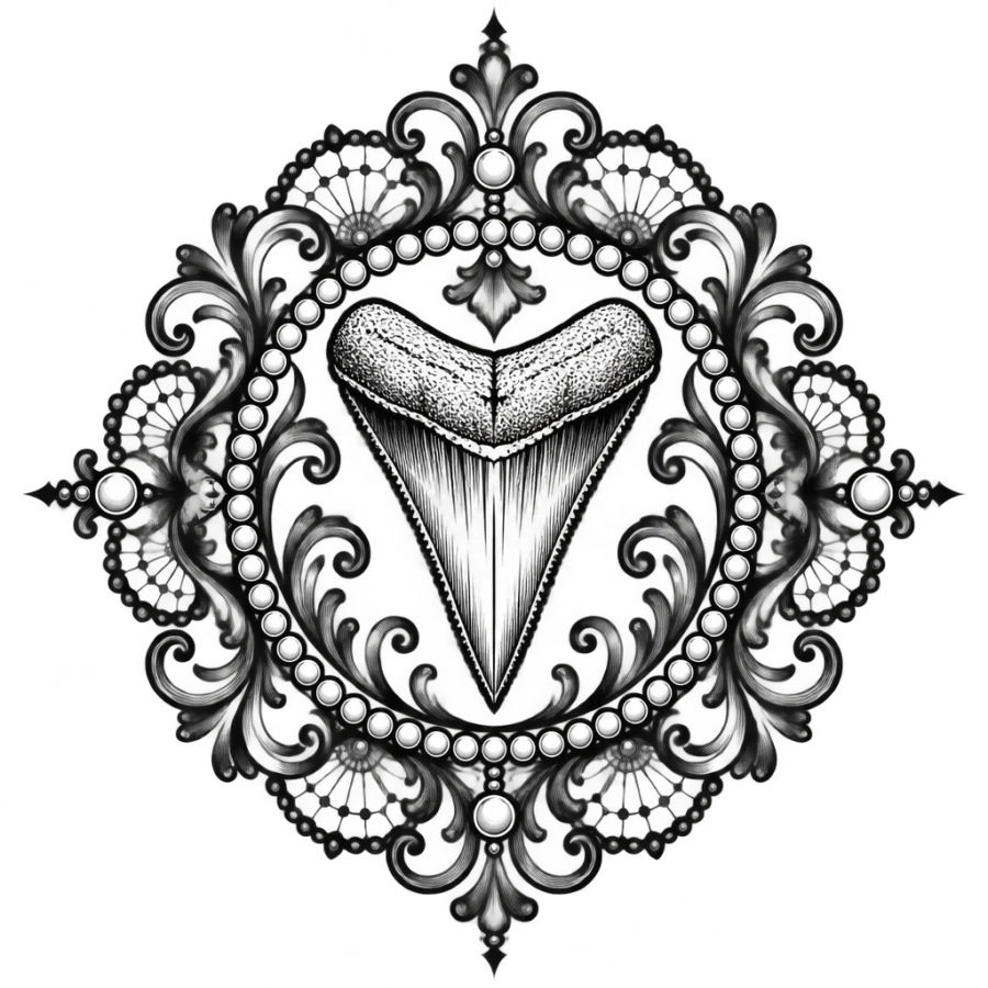 Ornamental filigree tattoo design of a shark tooth in a lace medallion