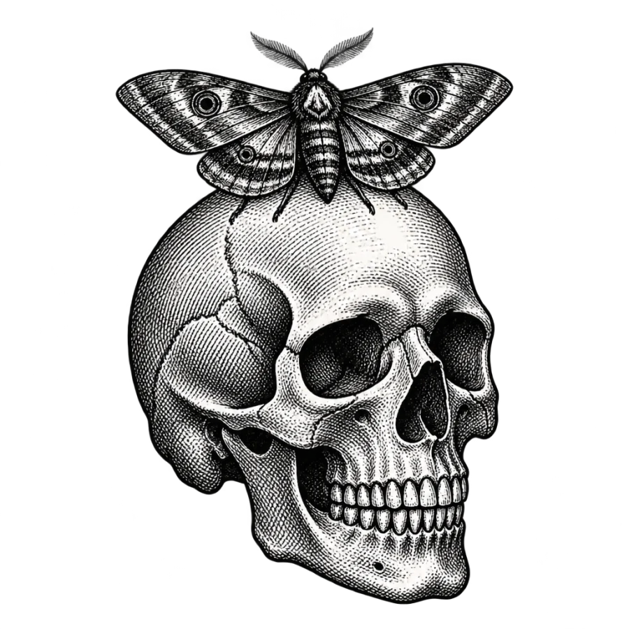 Engraved skull and moth tattoo design in antique woodcut hatching