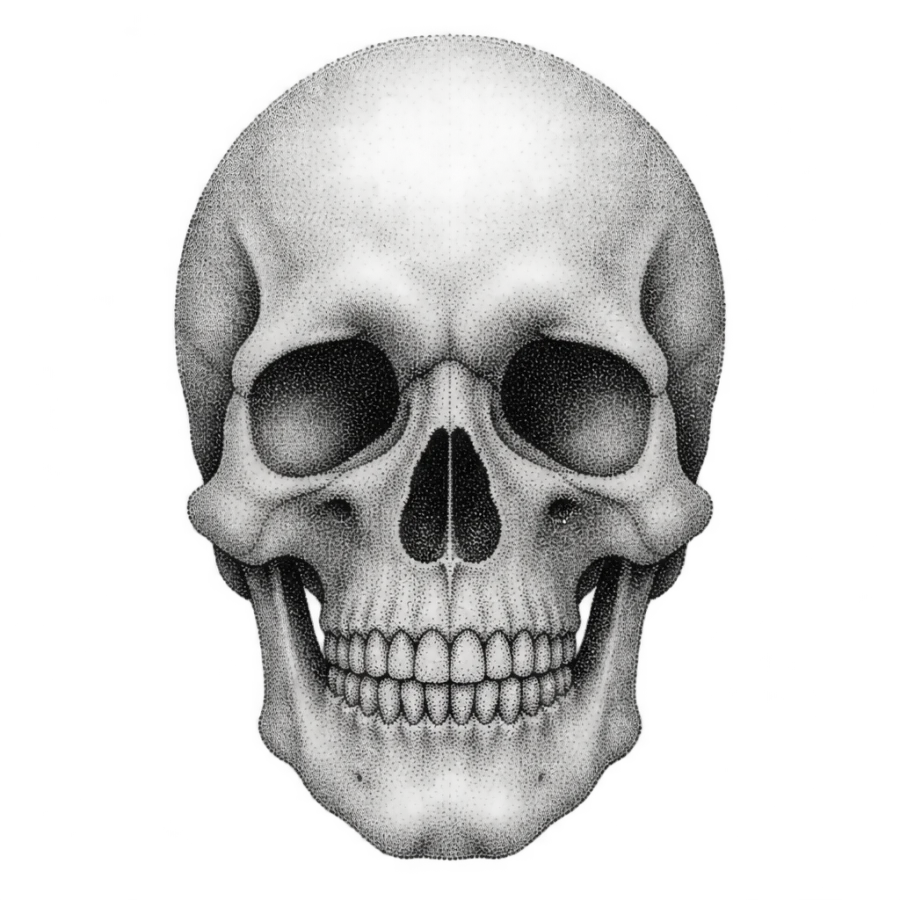 Dotwork skull tattoo design built entirely from graded stippling
