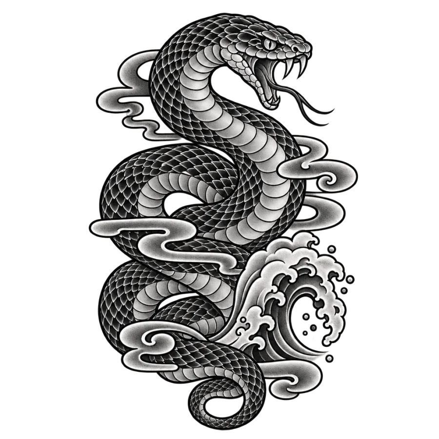Japanese irezumi tattoo design of a coiled serpent with wind bars
