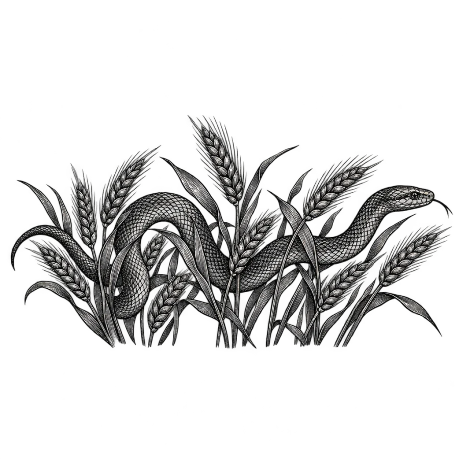 Woodcut style tattoo design of a snake moving through wheat stalks