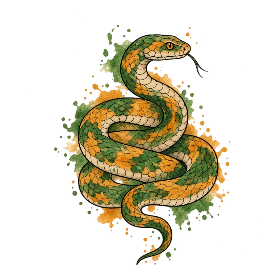 Watercolour tattoo design of a coiled snake in green and amber