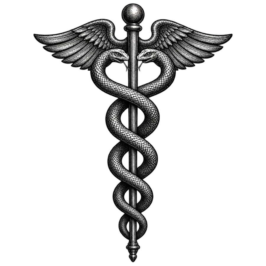 Engraved tattoo design of two snakes twined around a winged staff