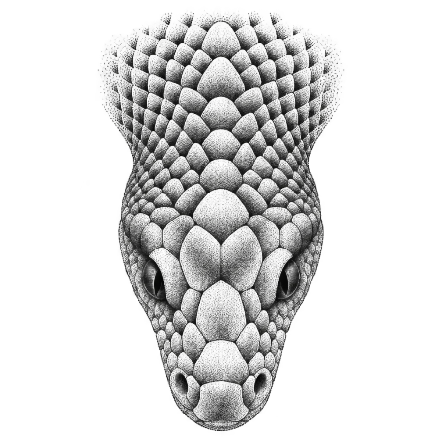 Dotwork snake head tattoo design seen from above in stippled dots
