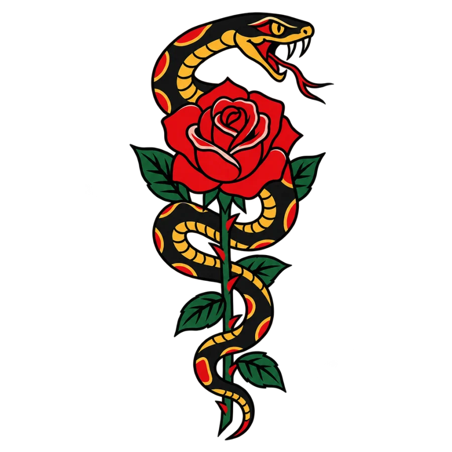 American traditional tattoo design of a snake coiled around a rose