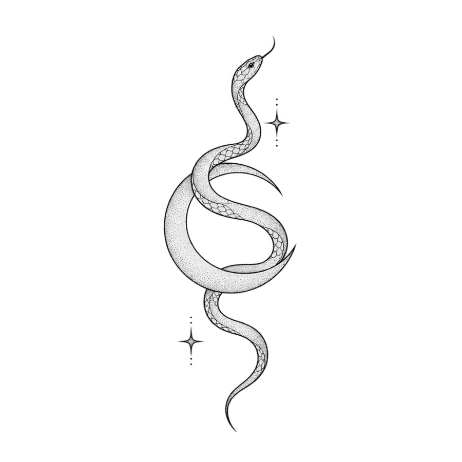 Fine line tattoo design of a snake winding through a crescent moon