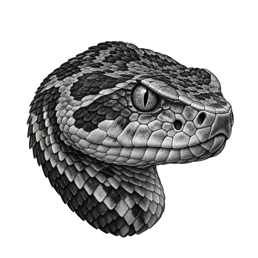 Black and grey realism tattoo design of a viper head close up
