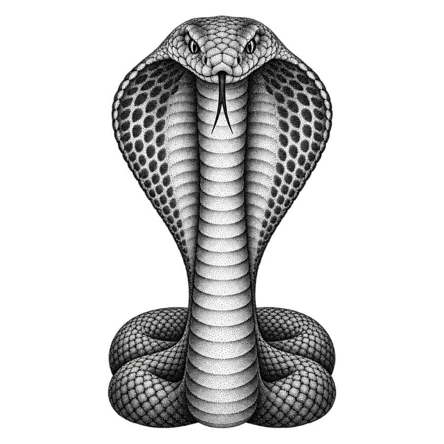 Dotwork tattoo design of a cobra with its hood spread front on