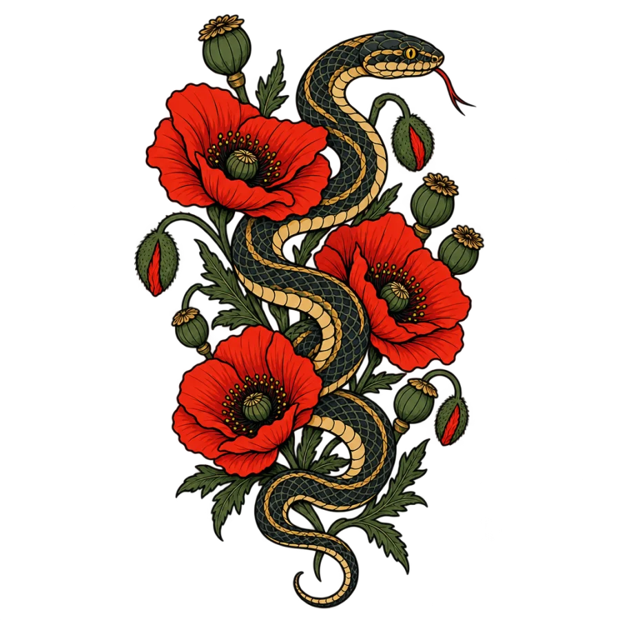 Neo traditional tattoo design of a snake weaving through poppies