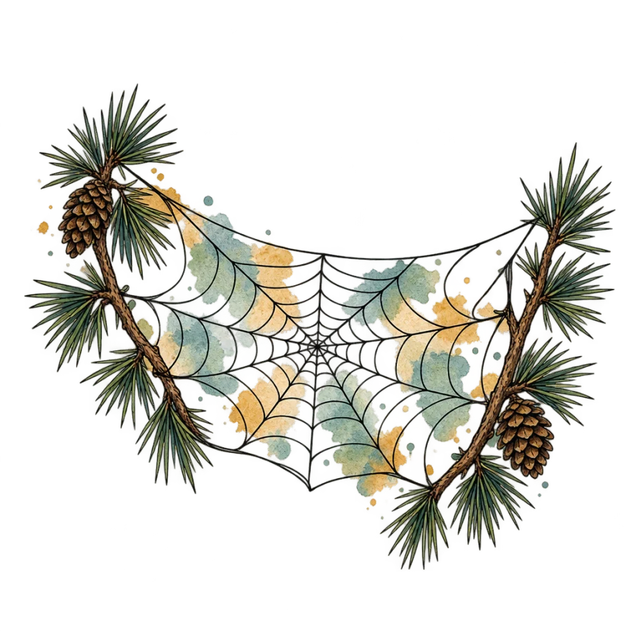 Watercolour tattoo of a spider web stretched between two pine branches