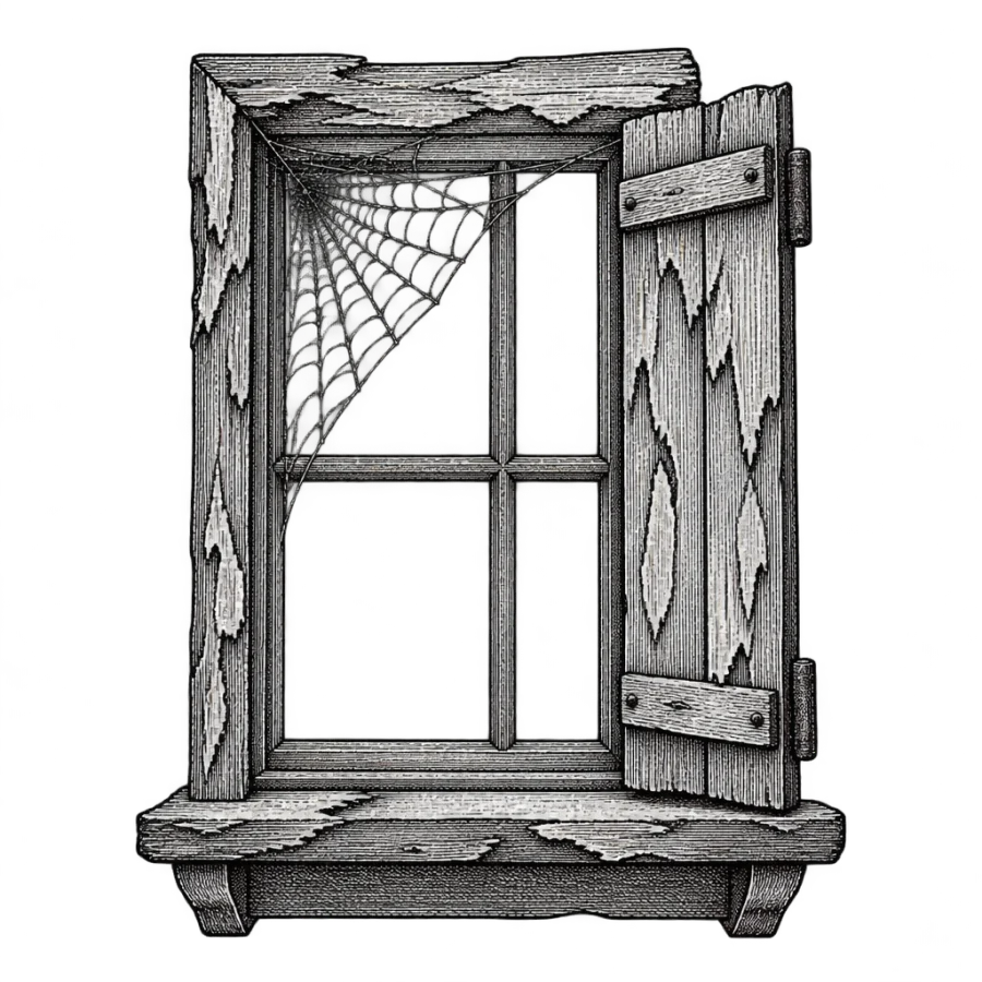 Engraved spider web tattoo design spun across an old window frame