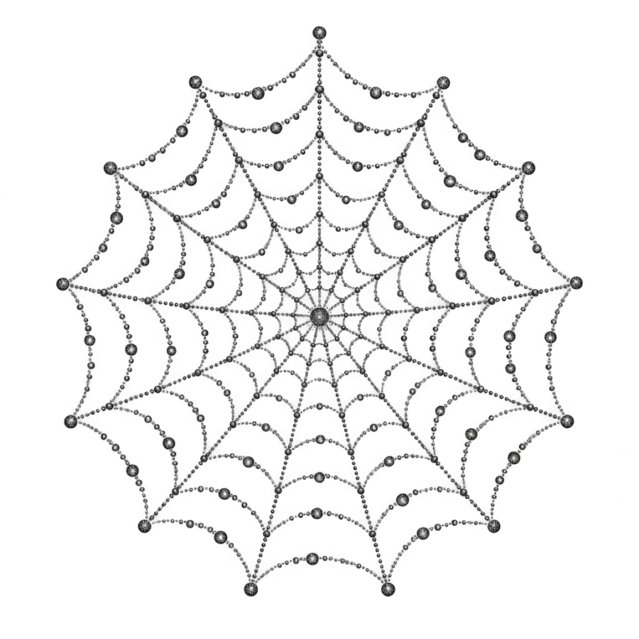 Dotwork stippled tattoo of a round orb web beaded with dew drops