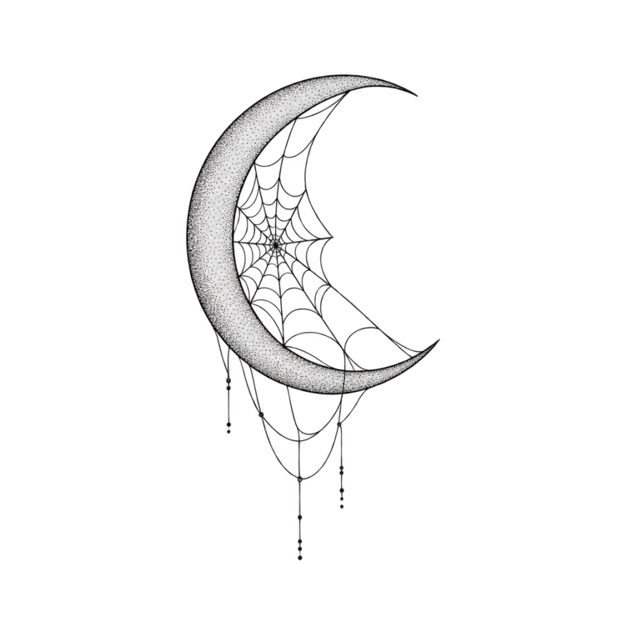 Fine line tattoo of a spider web spun inside a crescent moon