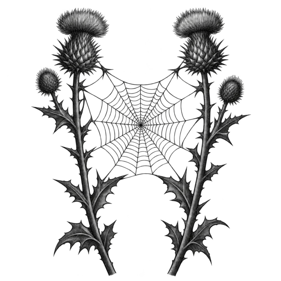 Woodcut engraving tattoo of a spider web spun between two thistle stems