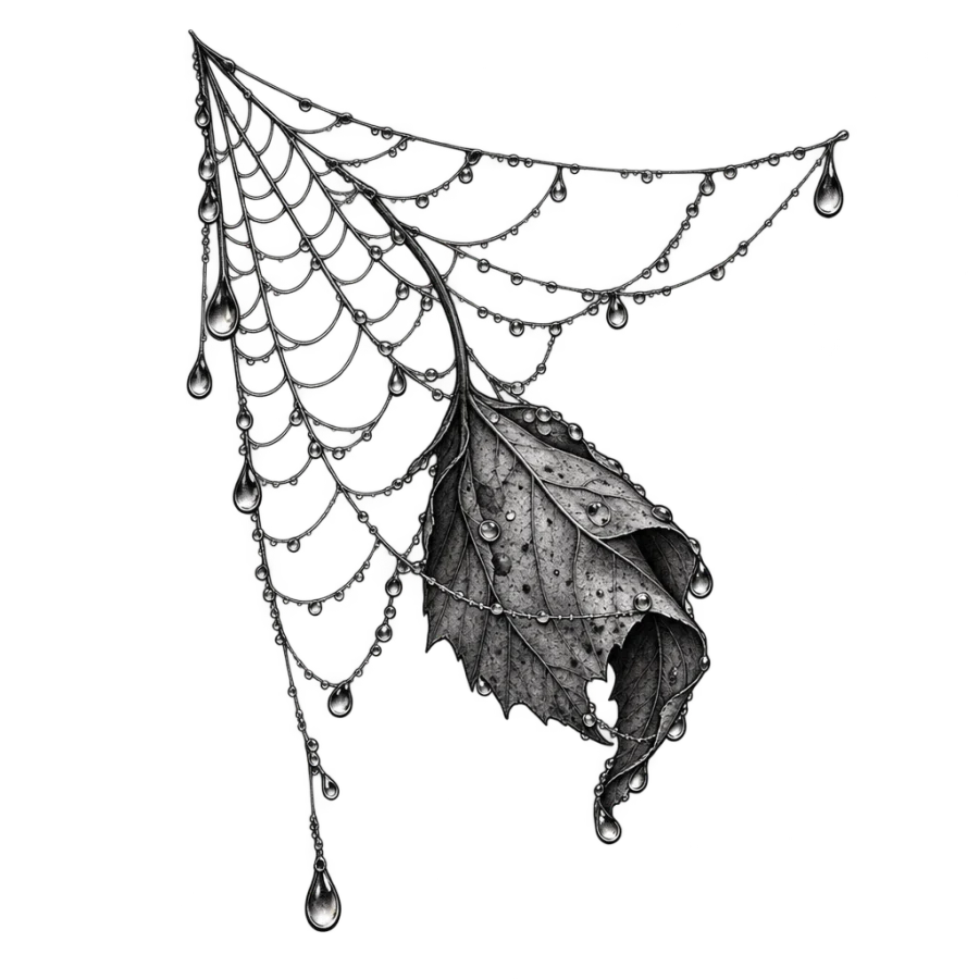 Black and grey realism tattoo of a dewy web holding an autumn leaf