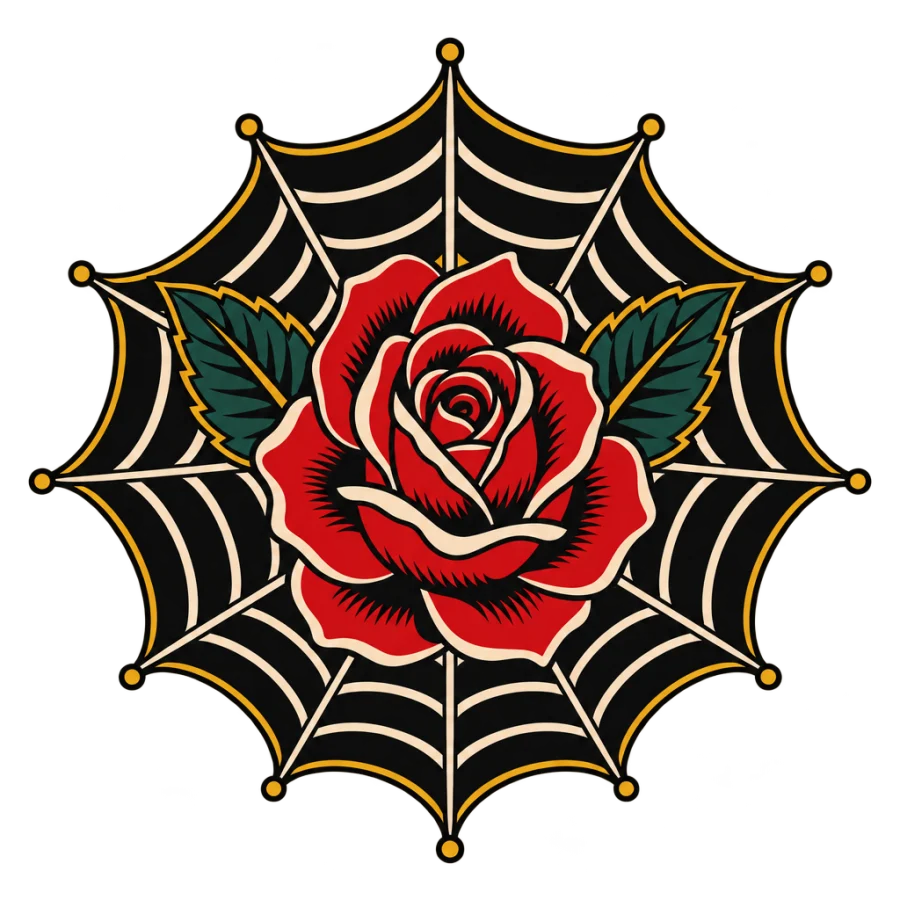 Neo traditional tattoo of a fan shaped spider web with a rose centre