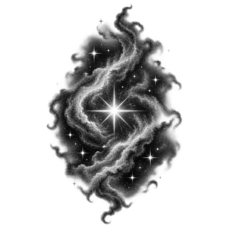 Black and grey realism tattoo design of a star burning inside a nebula