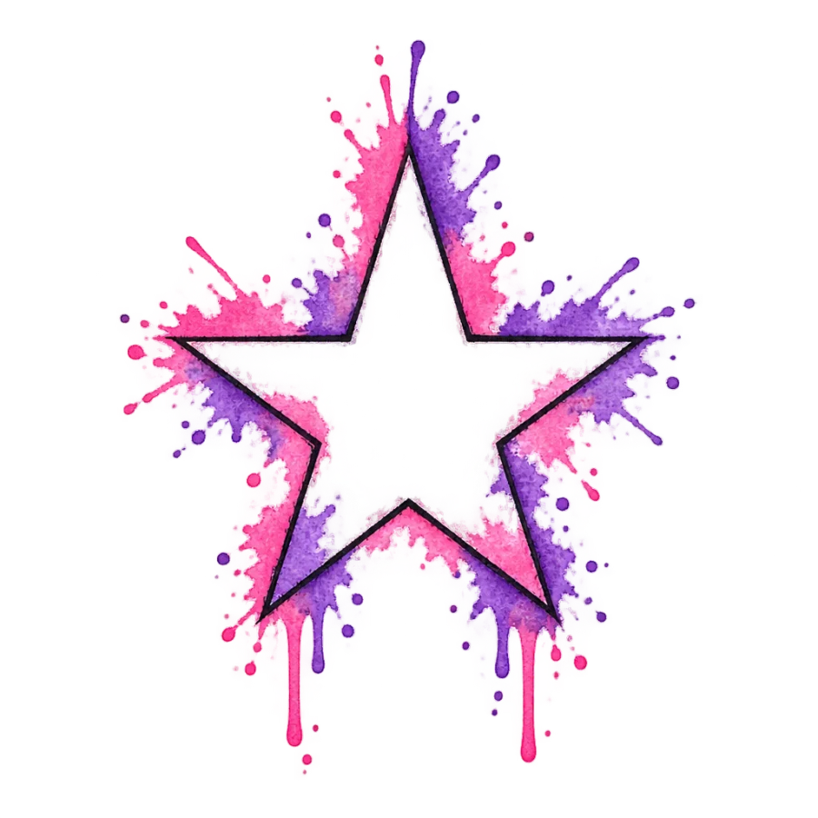 Watercolor tattoo design of a star with pink and violet washes behind it