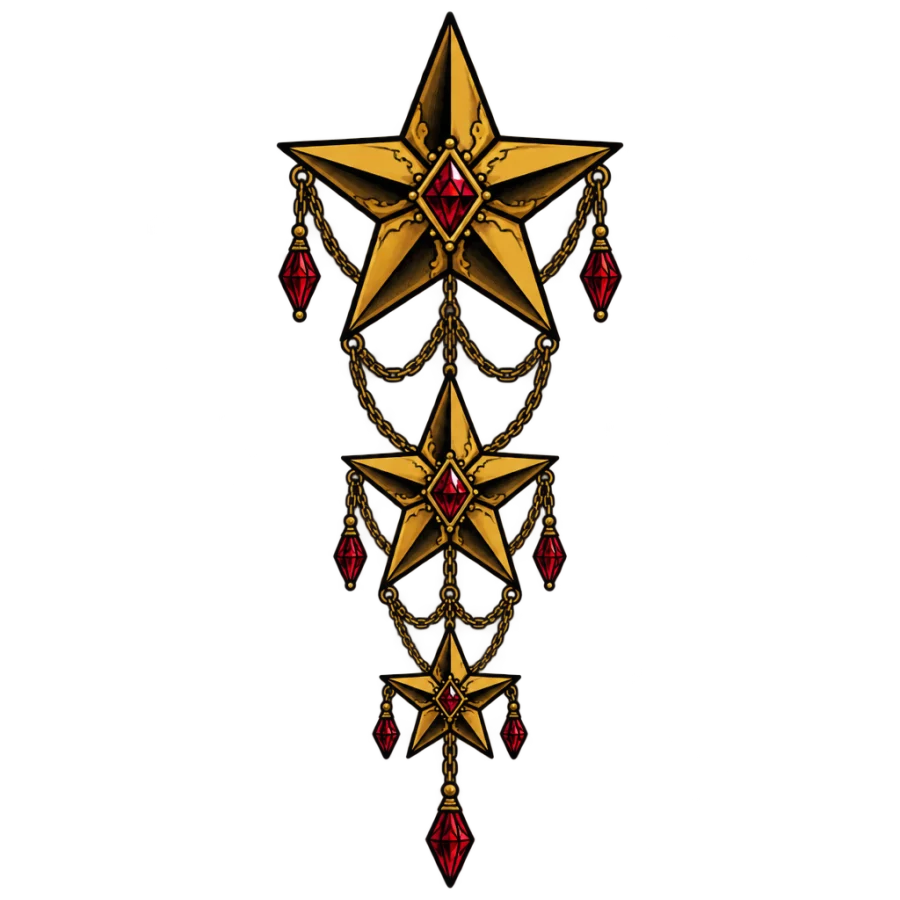Neo traditional tattoo design of three stacked stars linked by chains and gems