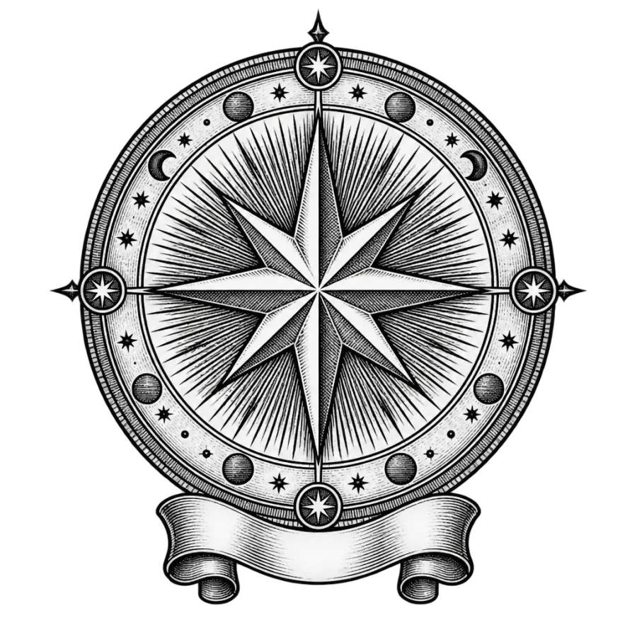 Engraved celestial star tattoo design with hatched rays and a scroll