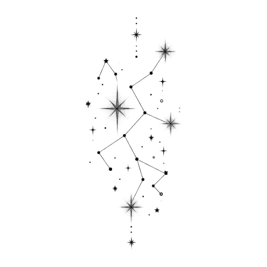 Fine line tattoo design of a scattered star cluster joined by thin lines