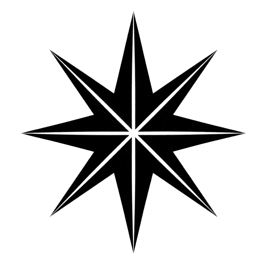 Blackwork tattoo design of an eight point starburst with negative space splits