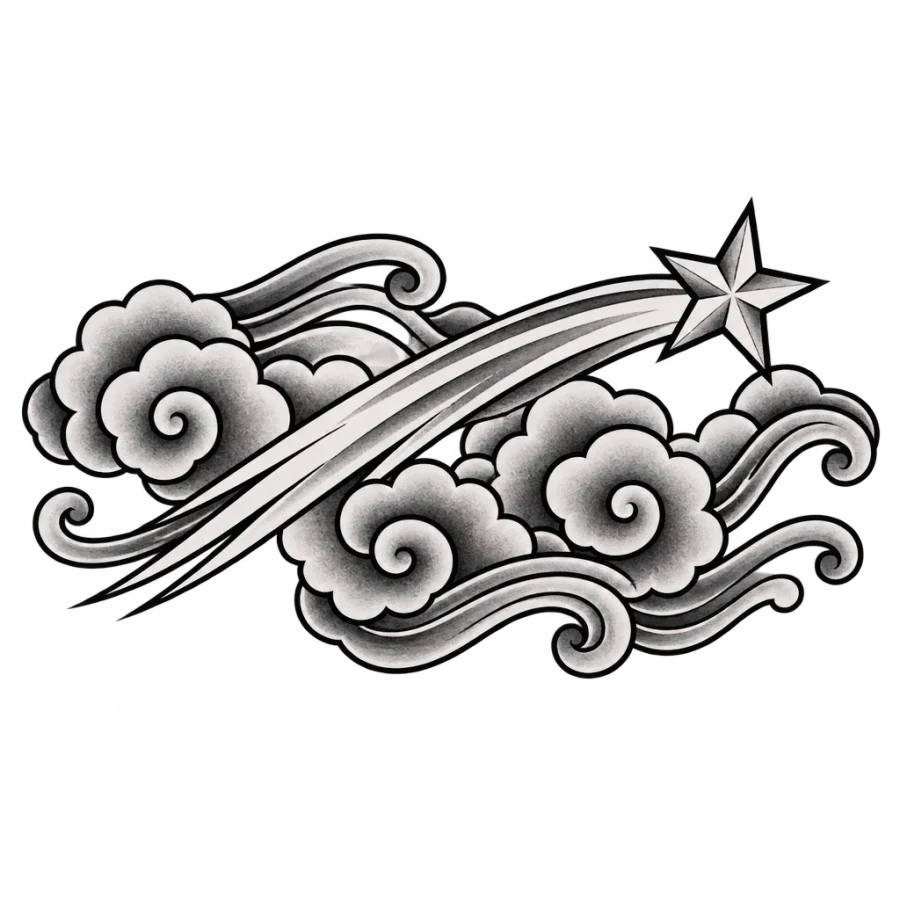 Japanese irezumi tattoo design of a shooting star crossing curling clouds