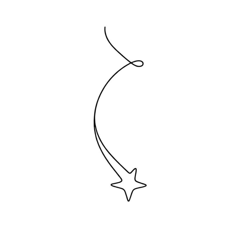 Minimalist single line tattoo design of a falling star with a curving trail