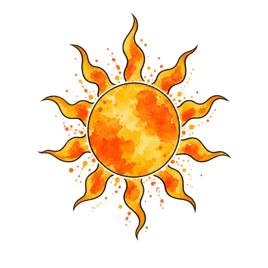 Watercolor tattoo design of a sun with flame rays and loose orange washes