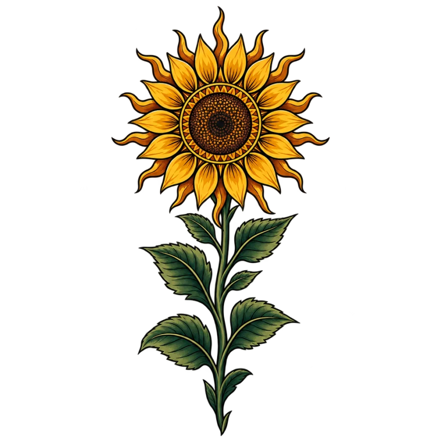 Neo traditional tattoo design of a sun with sunflower petal rays on a stem