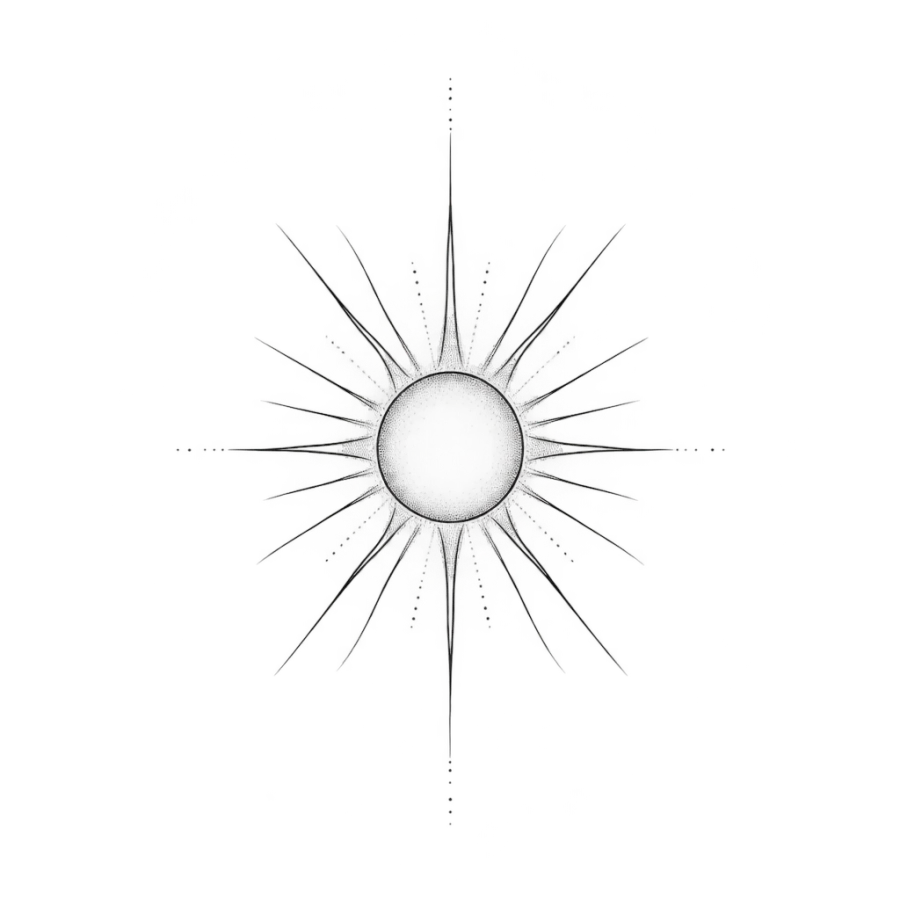 Fine line tattoo design of a small sun with long thin tapering rays