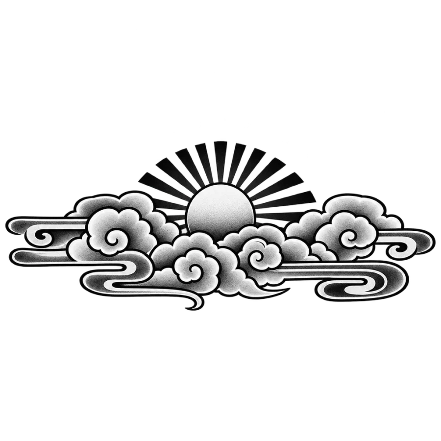 Japanese irezumi tattoo design of a rising sun behind clouds and wind bars