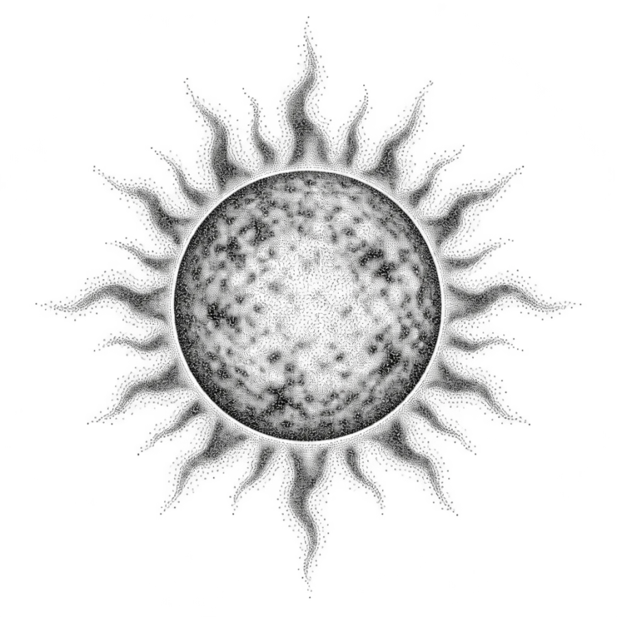 Dotwork stippled tattoo design of a sun sphere with a soft flaring corona