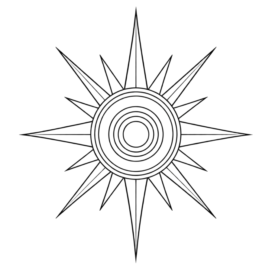 Geometric line work tattoo design of a sun made of rings and triangular rays