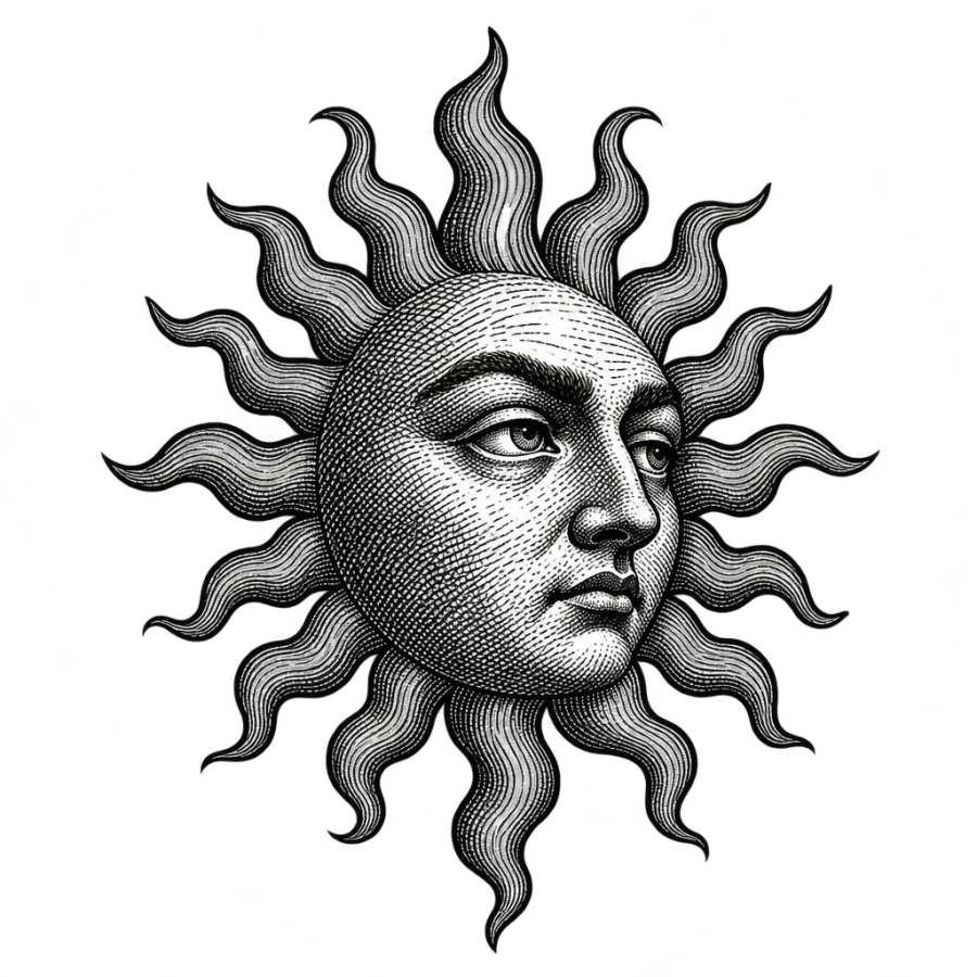 Engraving style tattoo design of an antique alchemical sun face with wavy rays