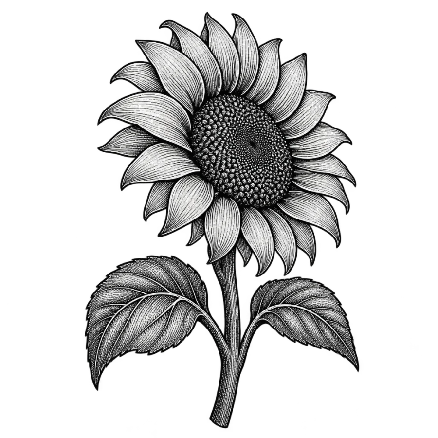 Engraved woodcut sunflower tattoo design with a textured seeded centre