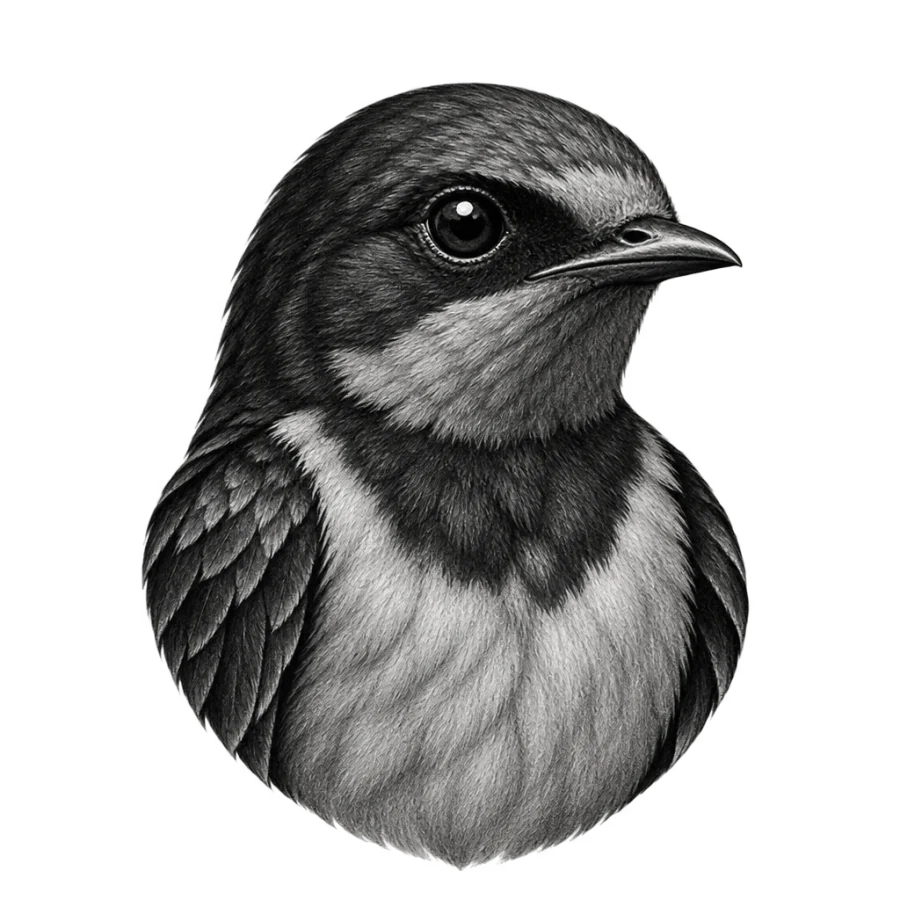 Black and grey realism swallow tattoo design cropped close on head and chest