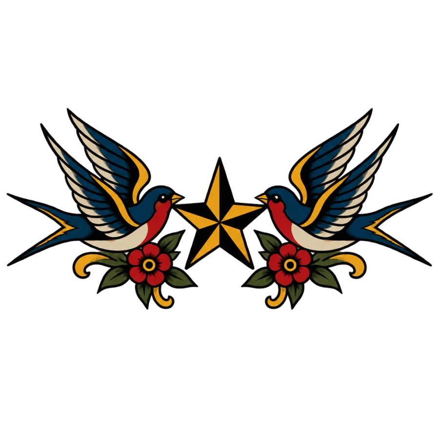 Neo traditional swallow tattoo design with two mirrored birds and a nautical star