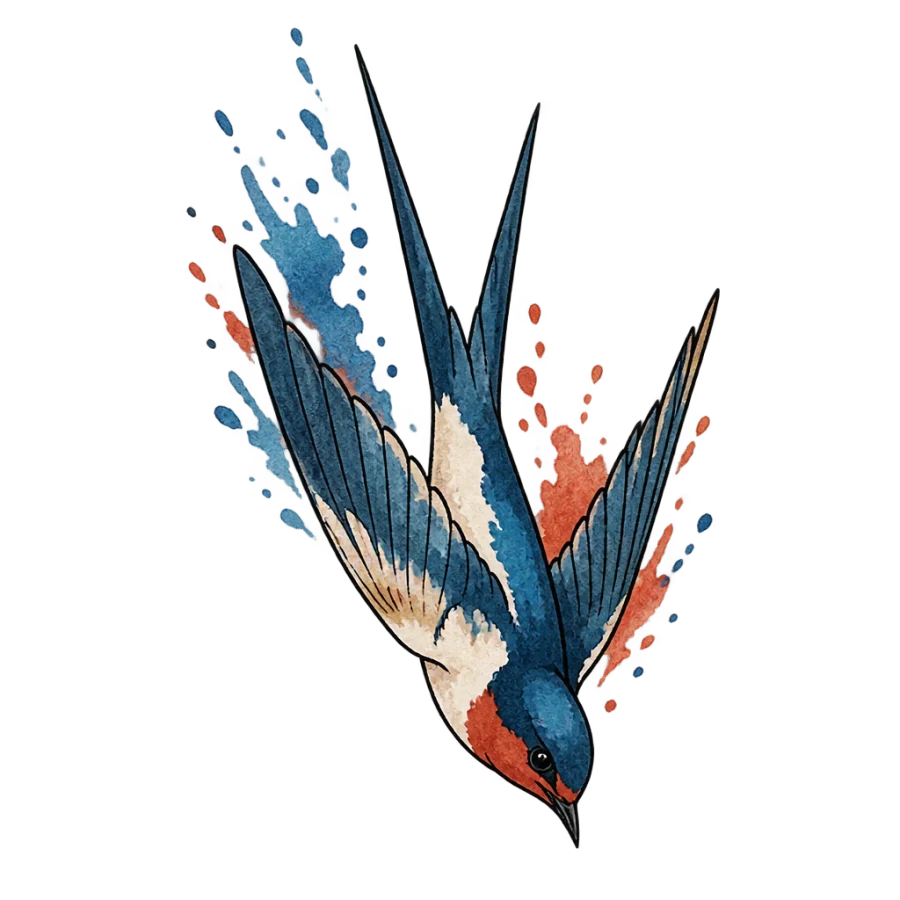 Watercolour swallow tattoo design diving with loose colour washes behind it