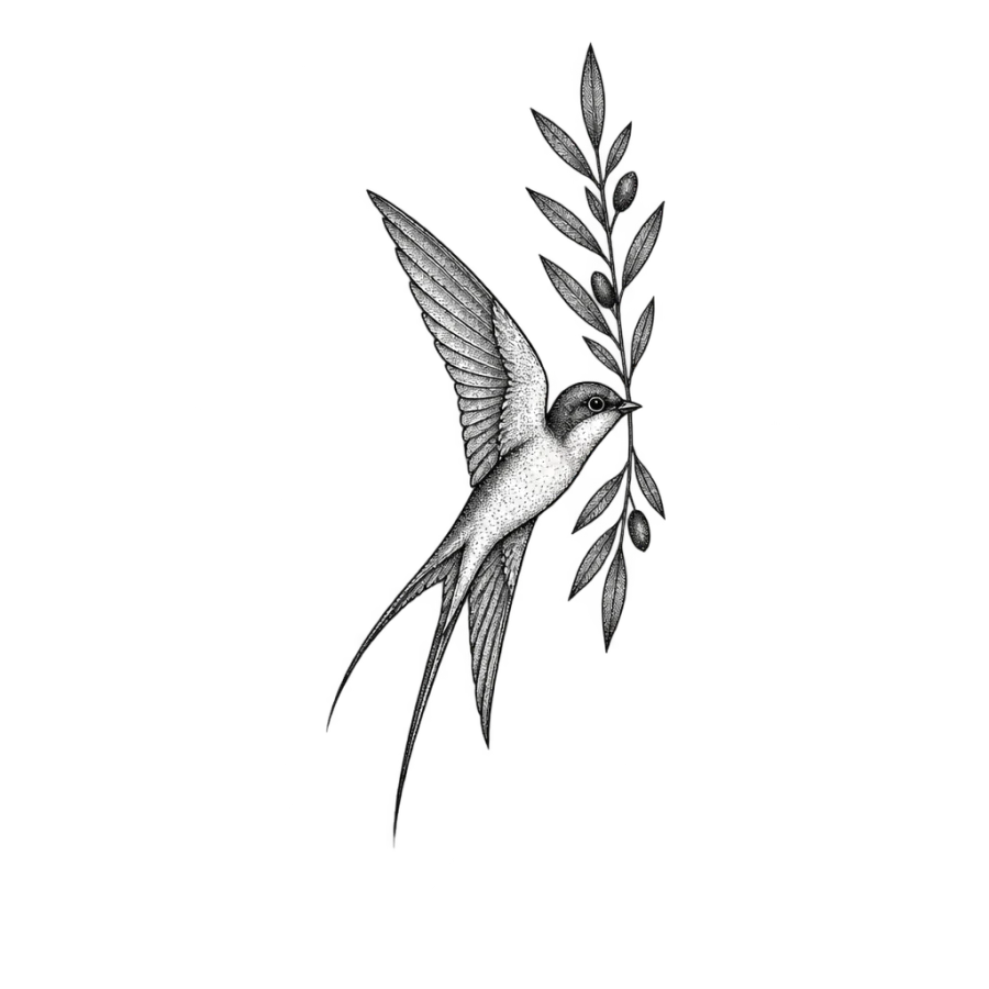 Fine line swallow tattoo design carrying an olive branch in its beak