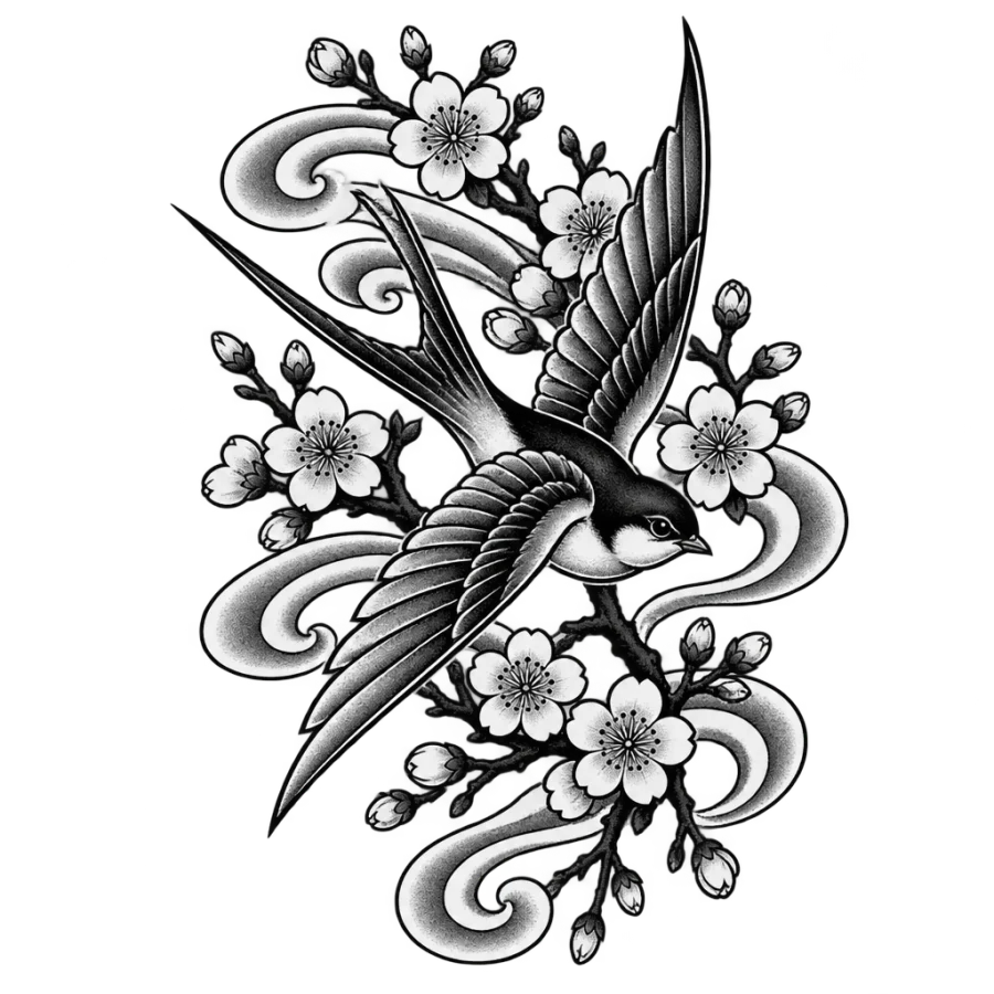Japanese irezumi swallow tattoo design banking through cherry blossom and wind bars
