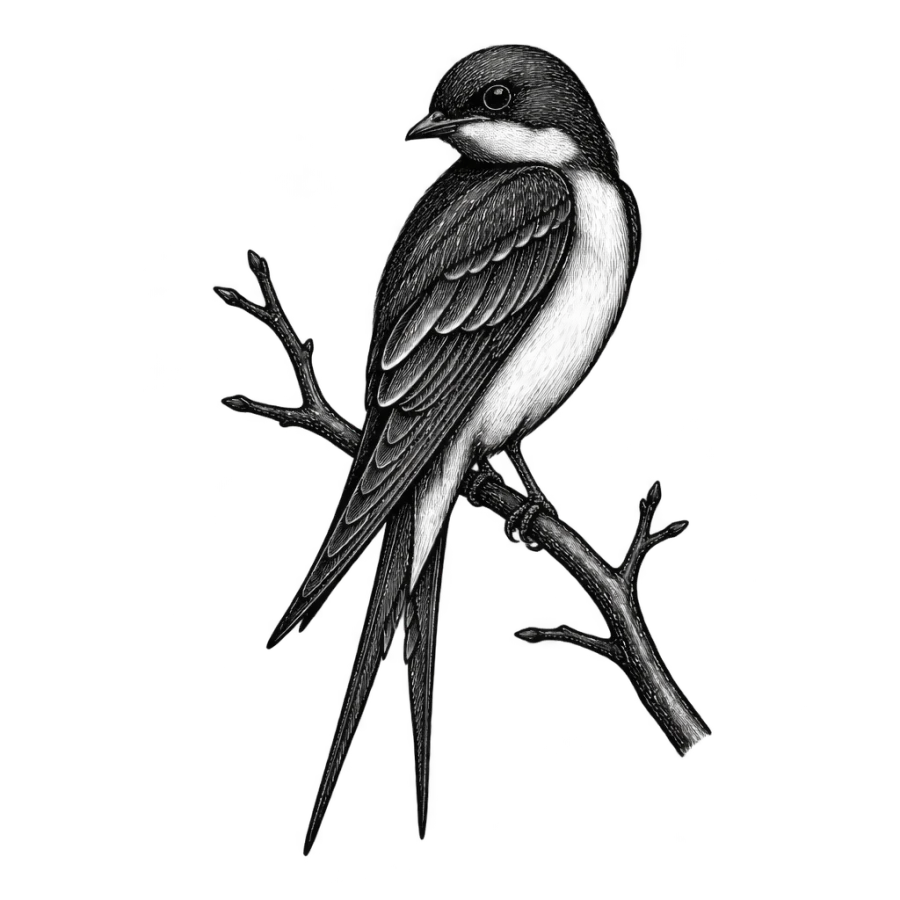 Engraved swallow tattoo design perched at rest on a bare twig