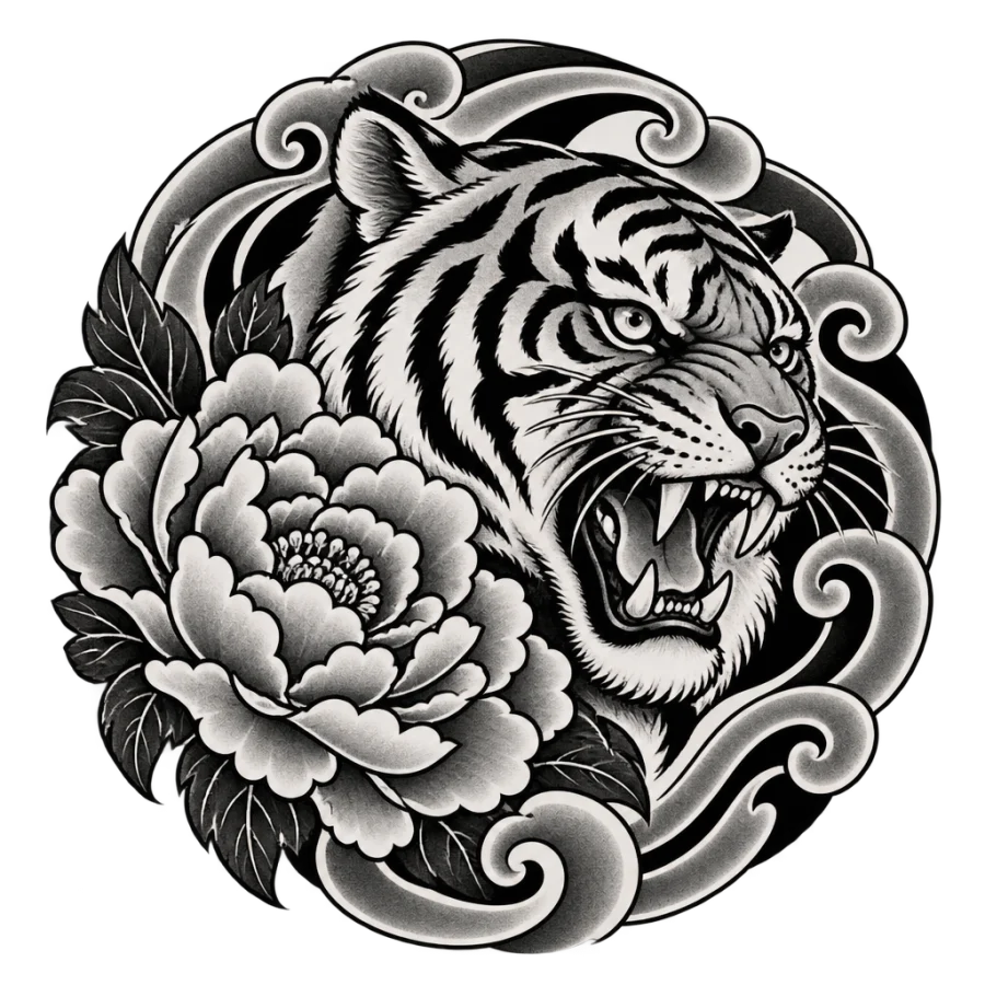 Japanese irezumi tiger head tattoo design framed by a peony and wind bars