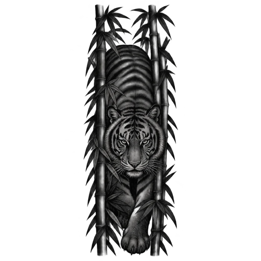 Woodcut engraving tattoo design of a tiger stalking through tall bamboo