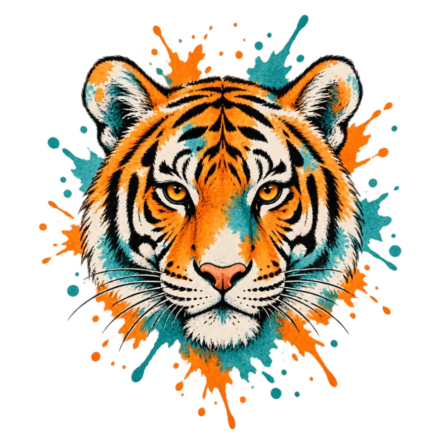 Watercolor tiger head tattoo design with loose orange and teal splashes