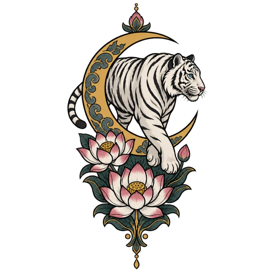 Neo traditional white tiger tattoo design with a crescent moon and lotus