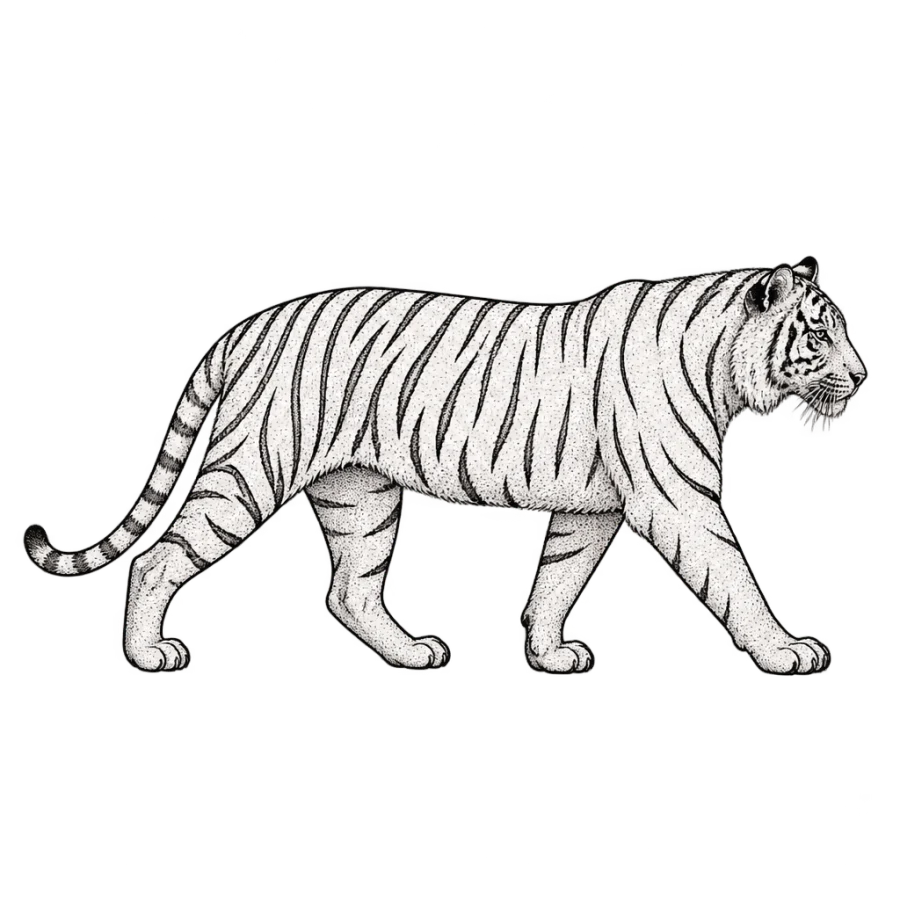 Fine line tattoo design of a tiger walking in profile as a wide band