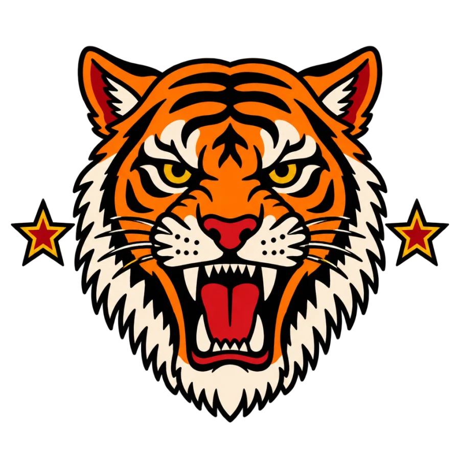 American traditional tiger head tattoo design with bold outlines and small stars