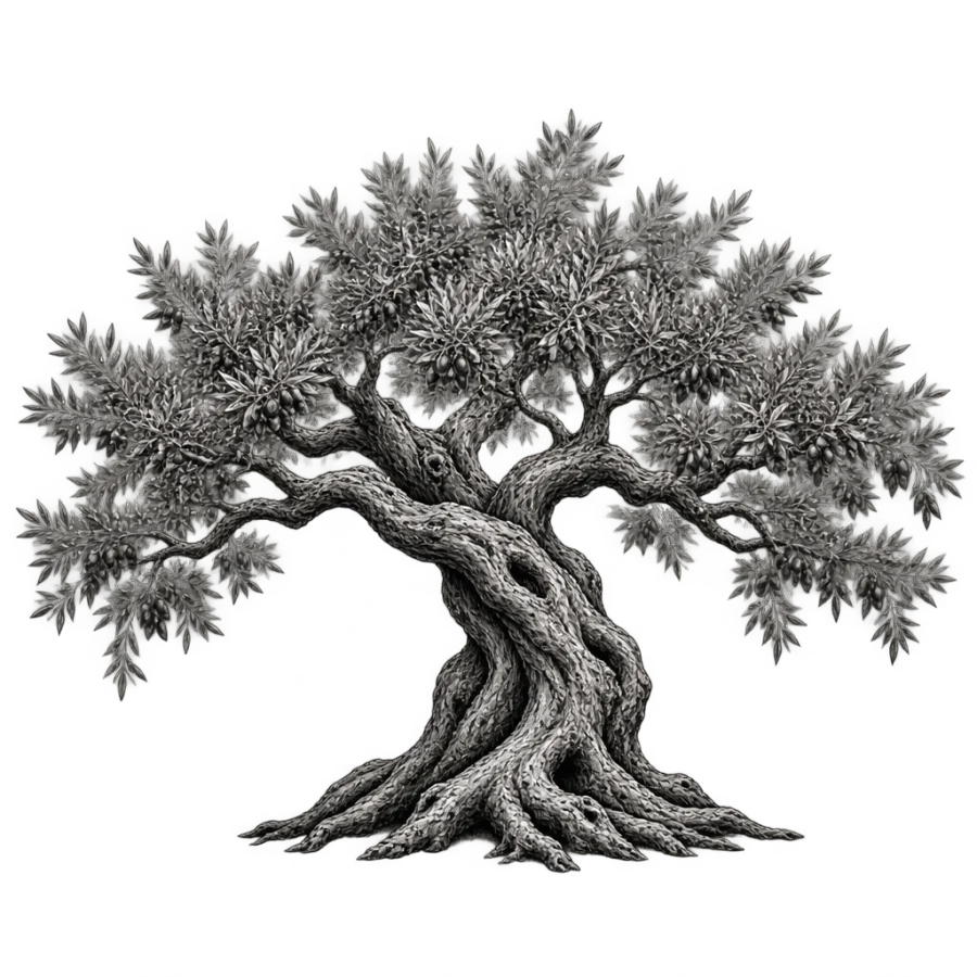 Black and grey realism tattoo design of an ancient olive tree